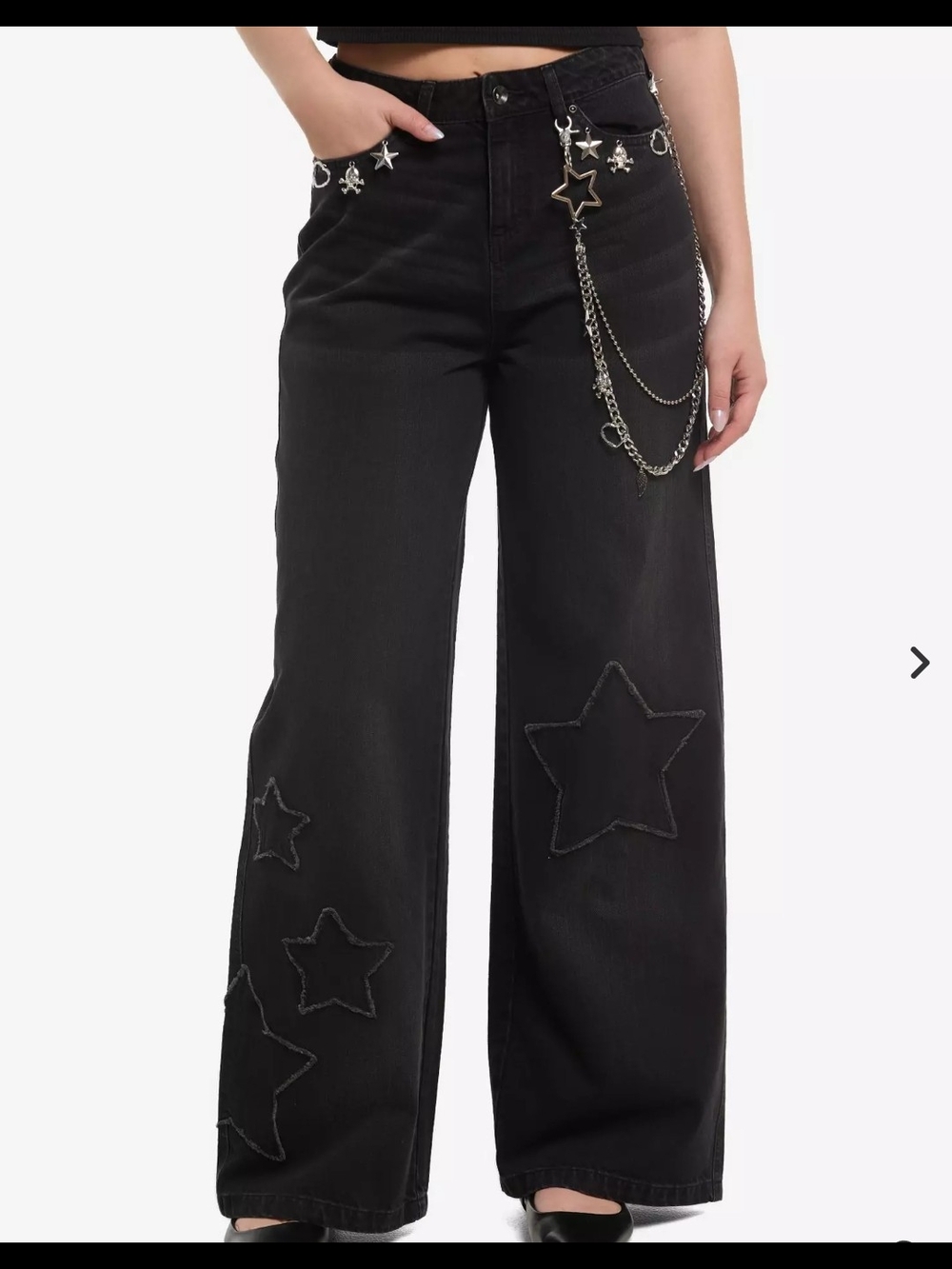 Black Wide Leg Jeans with Silver Chain Charms With Stars - Picture 1 of 7